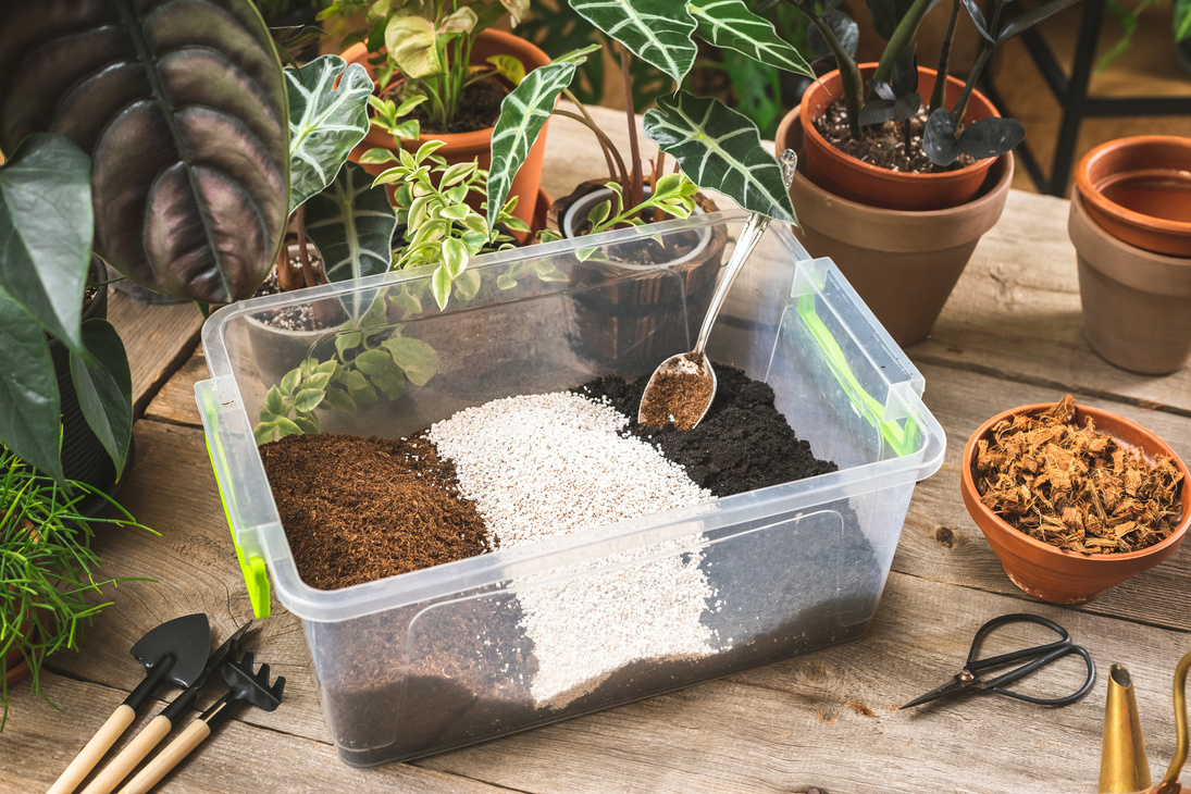 Soil mix ingredients prepared for planting flowers